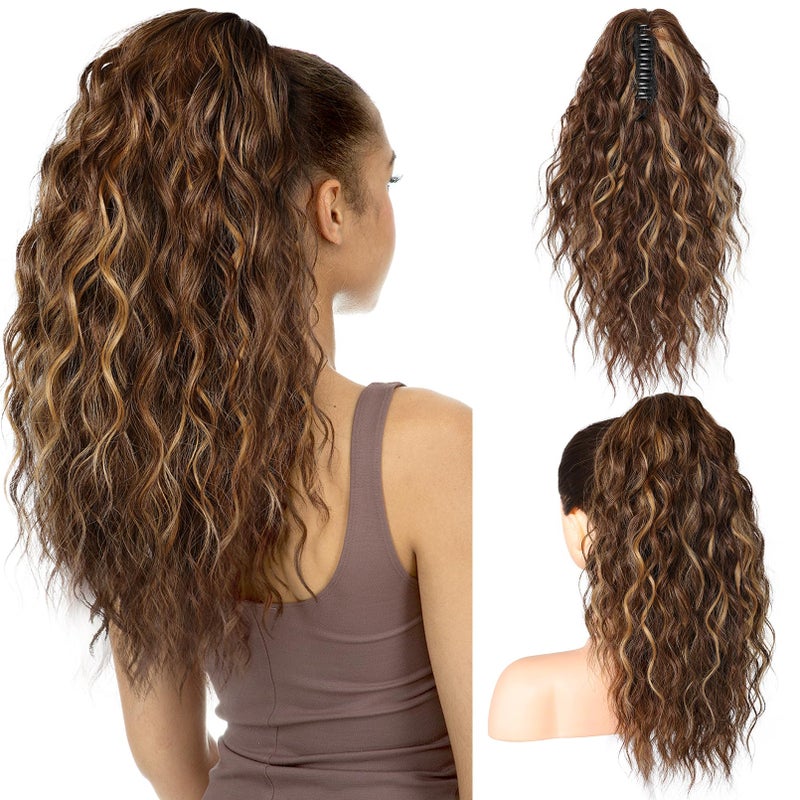 SEIKEA 18 Highlight Ponytail Extension PT002 Tia Claw Long Multi Layered Fluffy Thick Wavy Curly Jaw Clip in Fake Pony Tails Fake Hair Soft Synthetic Hairpiece Chocolate Brown Blonde Highlights